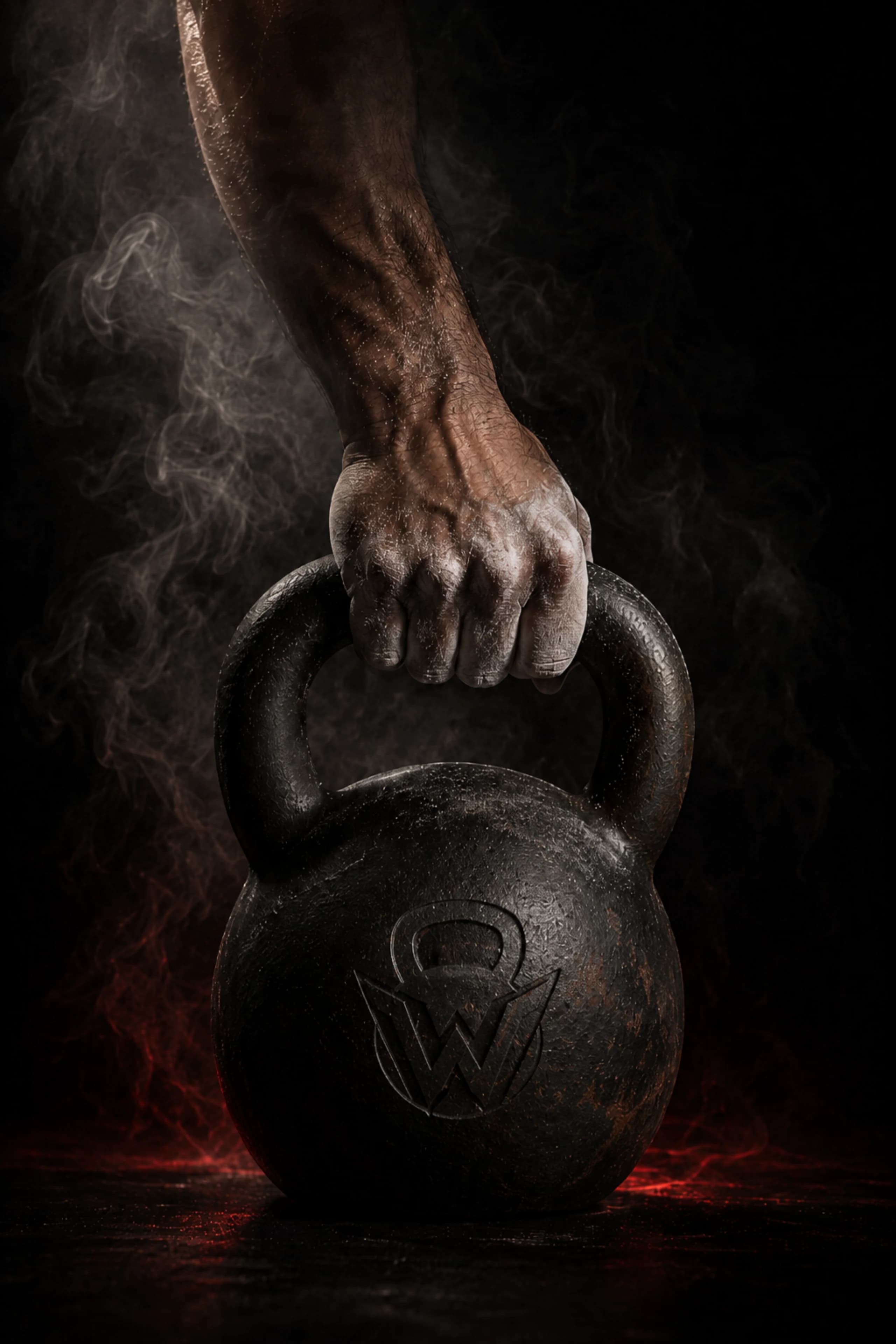 A chalked hand gripping the handle of a weathered cast-iron kettlebell