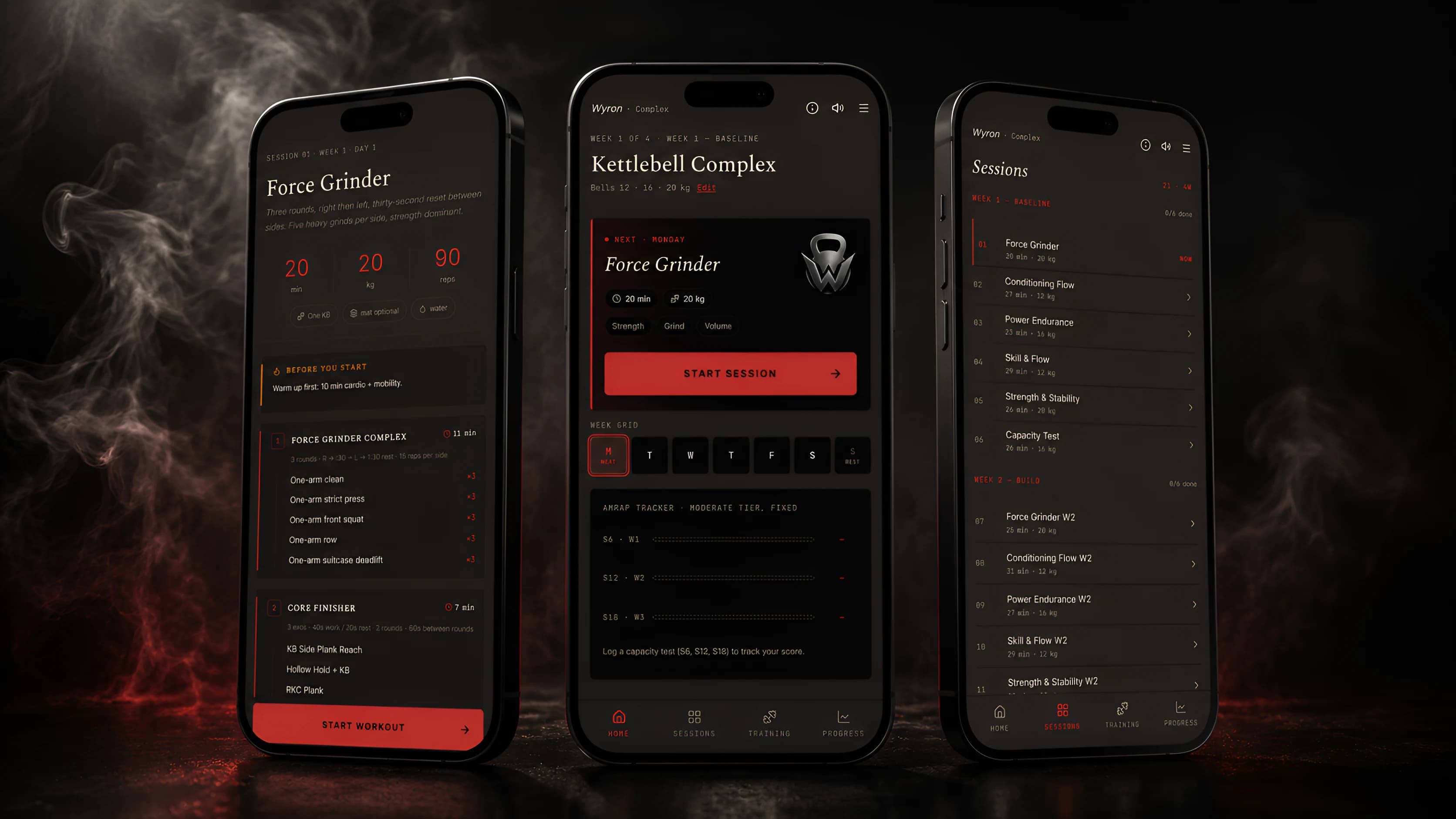 Three phones showing the Wyron app: the home, a free preview session, and the week list