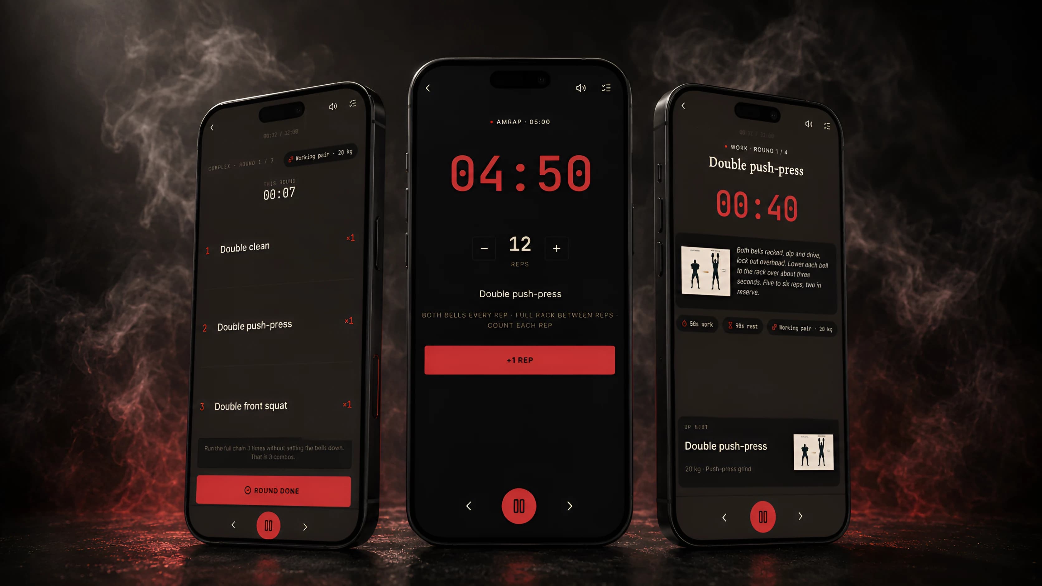 Three phones showing the Wyron live runner in three modes: an AMRAP round count, a kettlebell complex sequence, and a standard interval timer