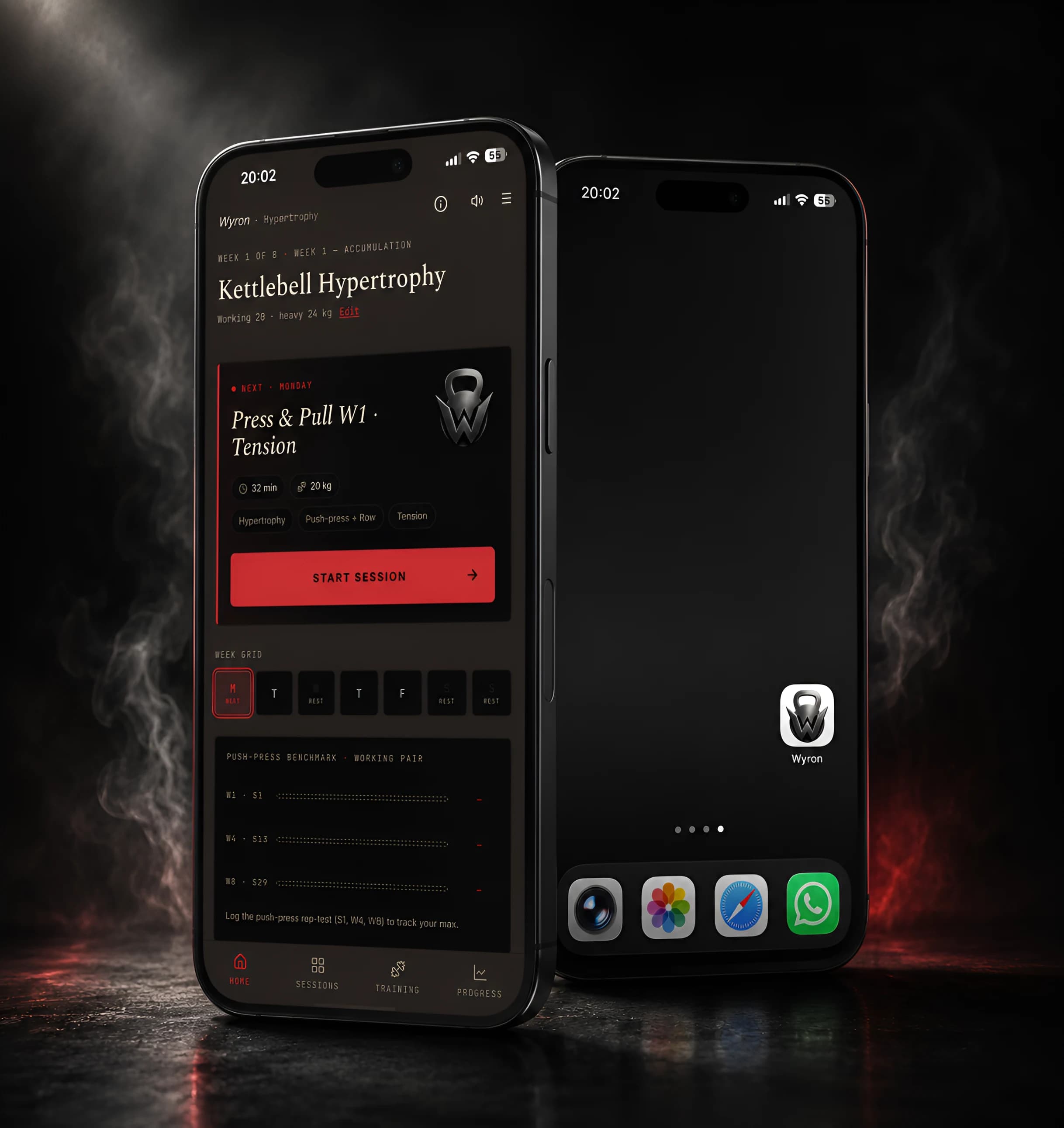 The Wyron app on two phones: the app open, and the Wyron icon added to an iPhone home screen.
