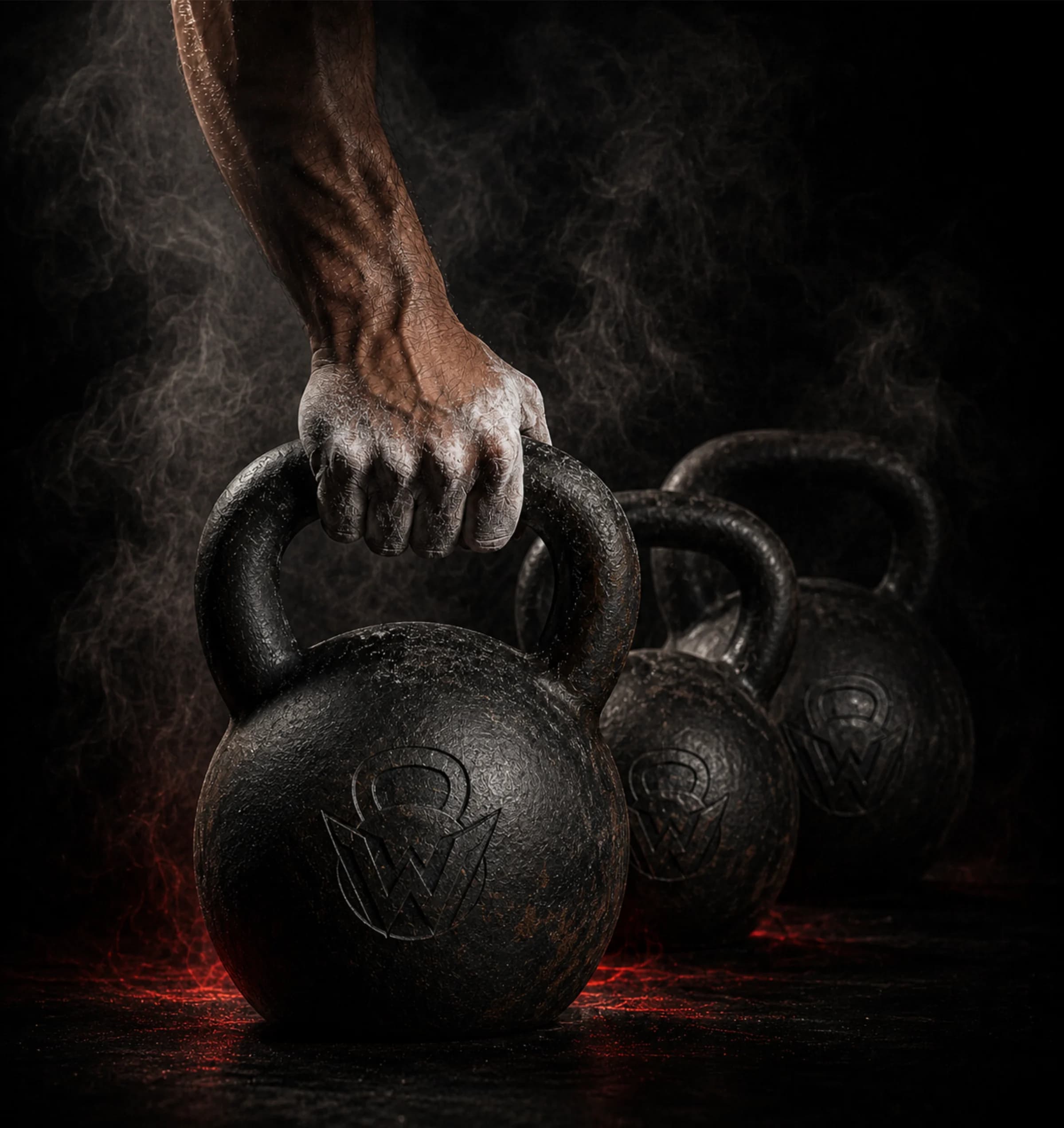 Kettlebell Complex: a chalked hand gripping cast-iron kettlebells emerging from dark smoke
