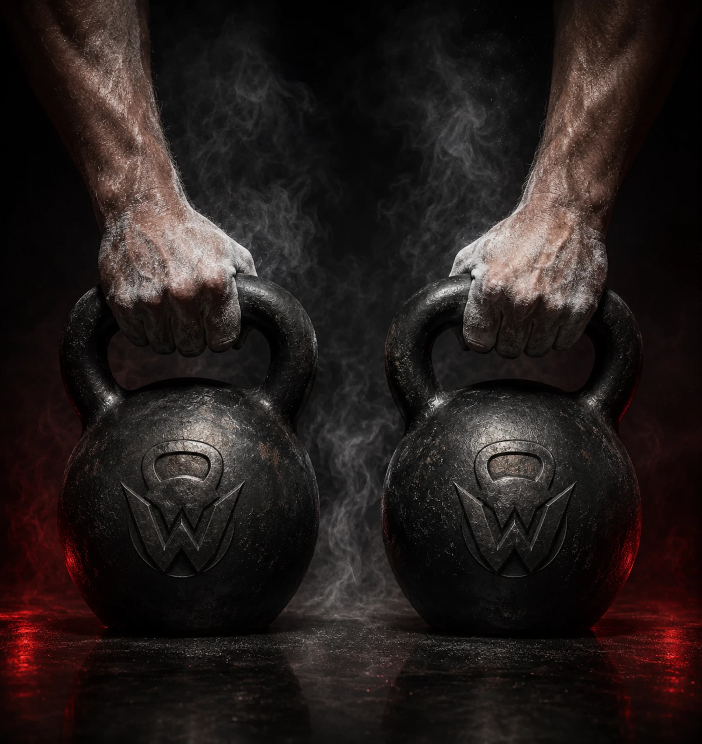 Kettlebell Hypertrophy: a chalked hand gripping cast-iron kettlebells emerging from dark smoke