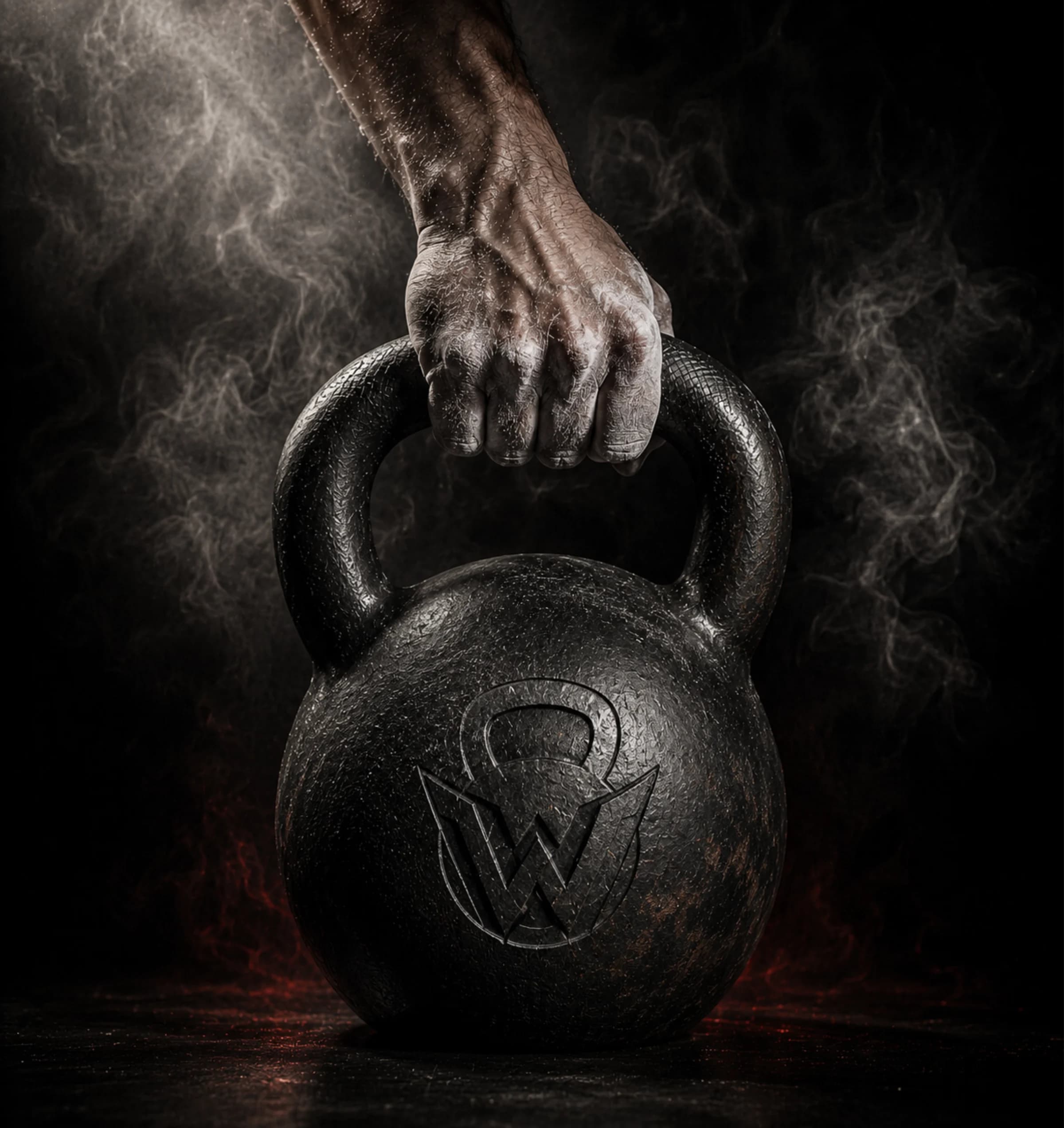 Kettlebell Strength: a chalked hand gripping cast-iron kettlebells emerging from dark smoke