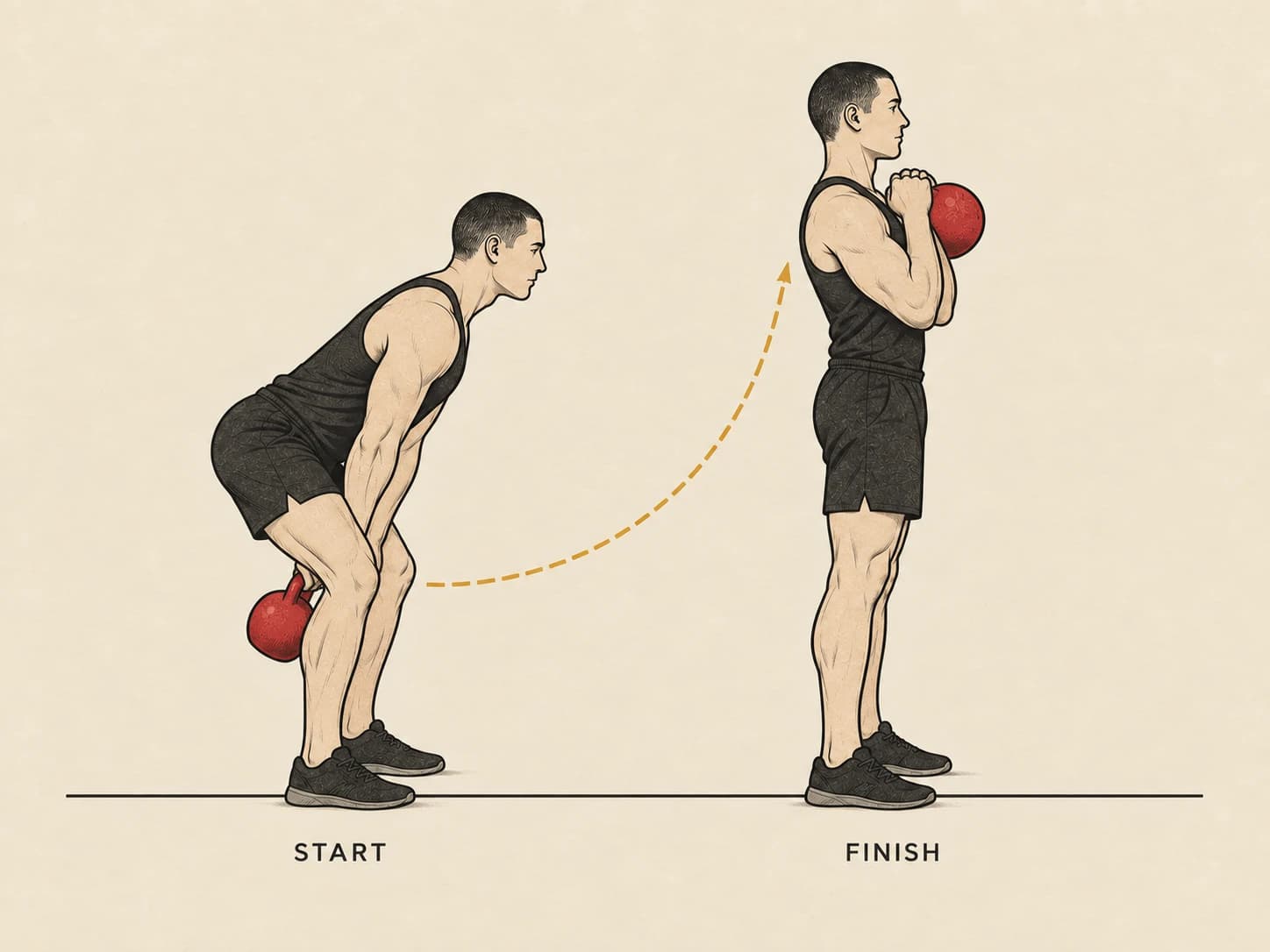 Two-handed clean start and finish: hike-pass between the feet with both hands on the bell, then racked at the chest in a two-handed horn grip.