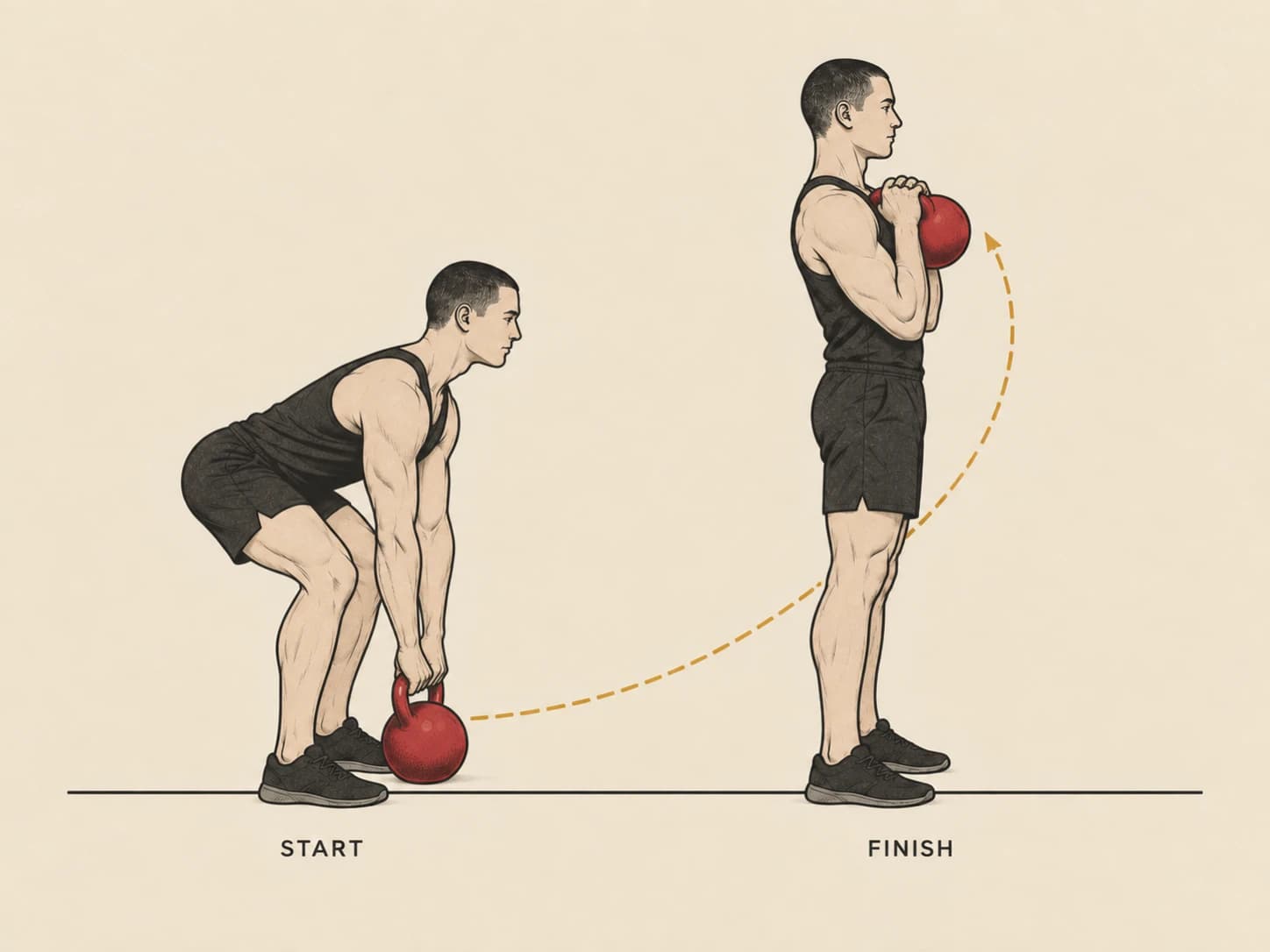 Two-handed dead clean start and finish: the bell parked on the floor with both hands on the handle, then racked at the chest in a two-handed horn grip.