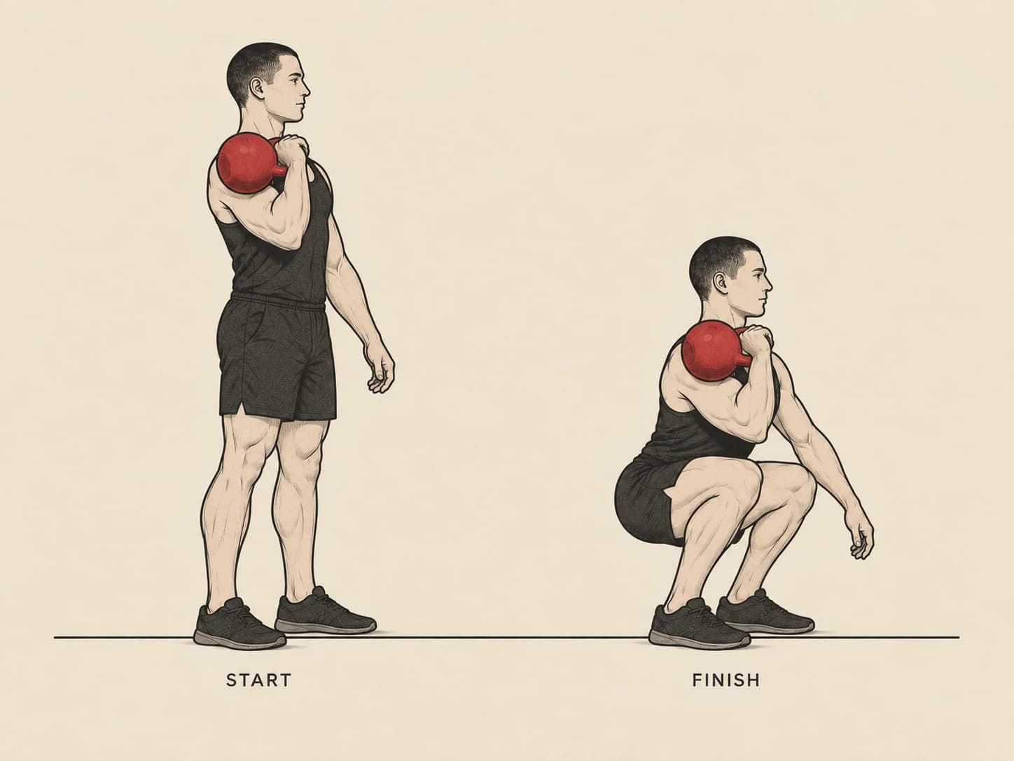 Front squat start and finish: standing with the bell racked at the shoulder, then a deep squat, torso upright.