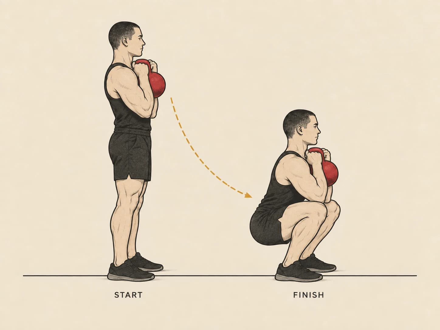 Two-handed front squat start and finish: standing with the bell in a two-handed horn grip at the chest, then a deep squat, torso upright.
