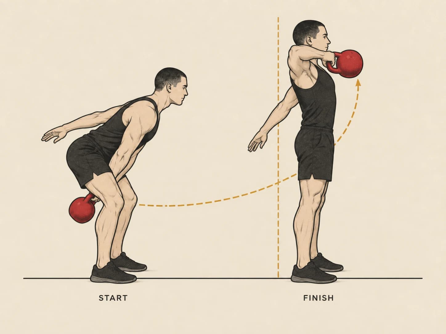 High pull start and finish: hike-pass between the legs, then hips extended with the elbow driven high and back.