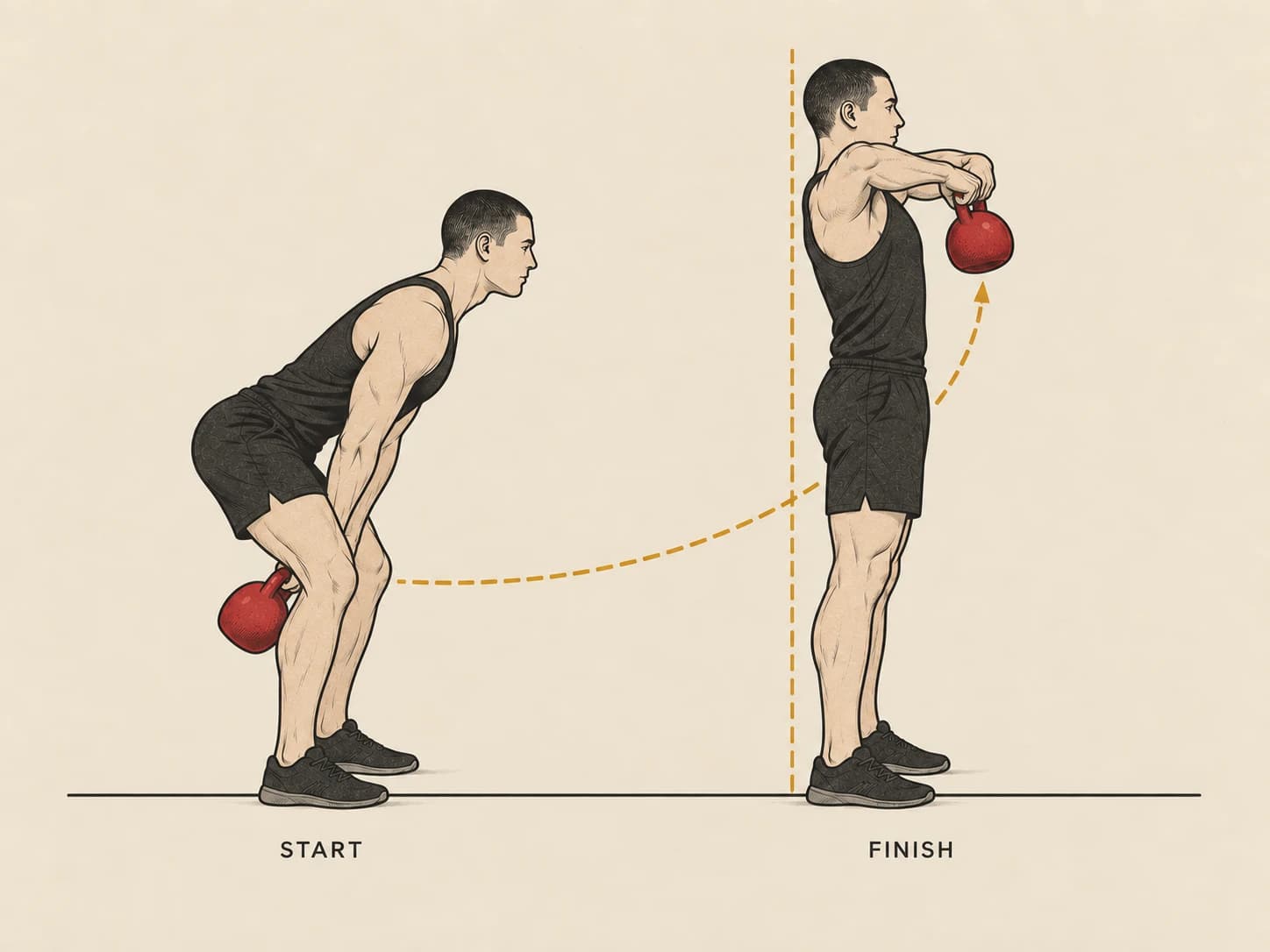 Two-handed high pull start and finish: hike-pass with both hands on the handle, then the bell pulled to chin height, elbows high and back.