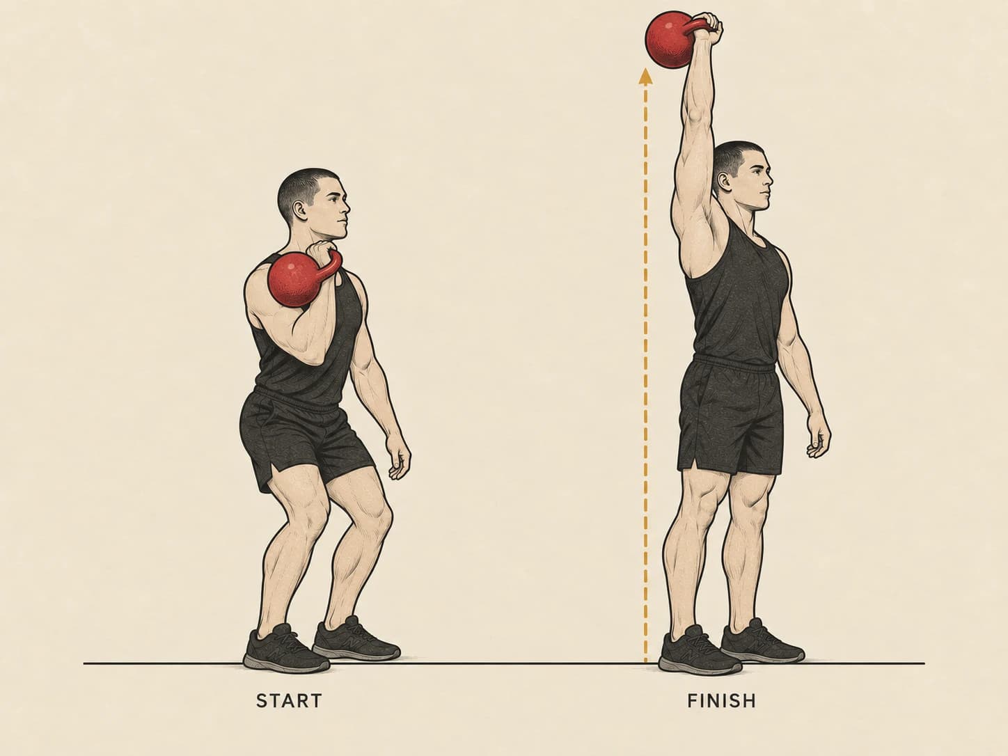 Push press start and finish: a shallow dip with the bell racked, then driven to overhead lockout in one column.