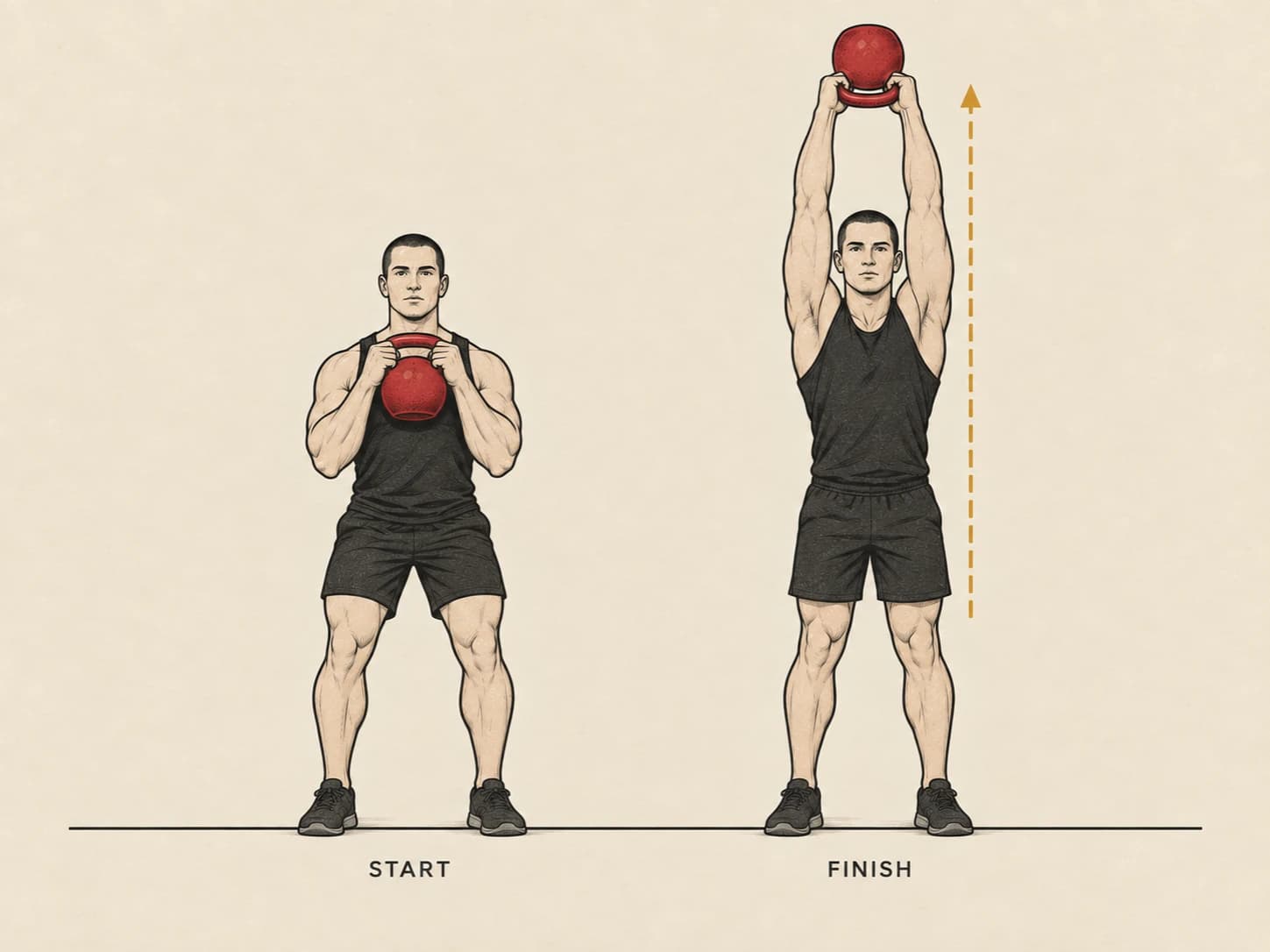 Two-handed push press start and finish: a shallow dip with the bell in a horn grip at the chest, then driven overhead with both hands.