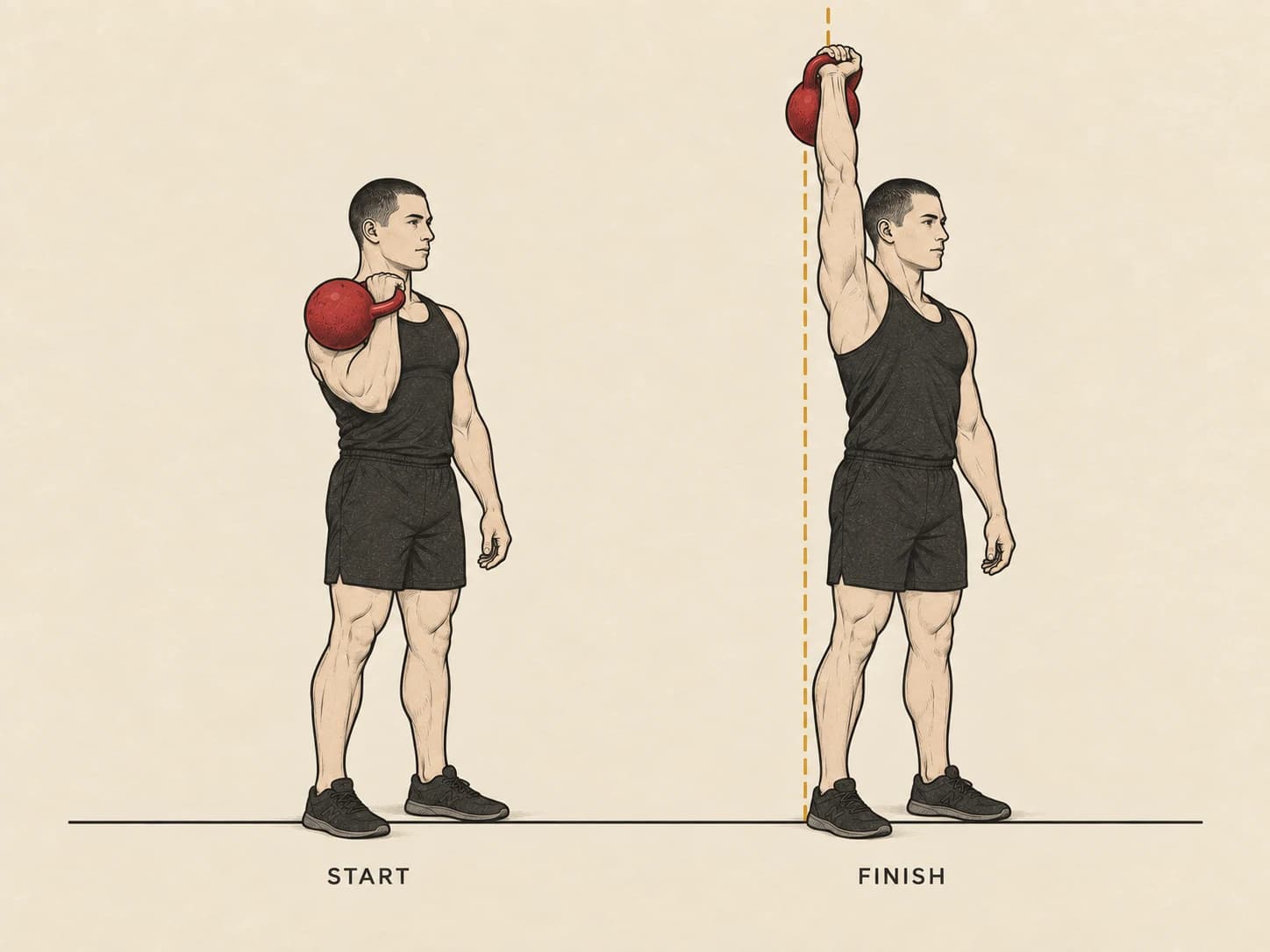 Strict press start and finish: bell racked at the shoulder, then pressed overhead with no leg drive, hips and knees locked.