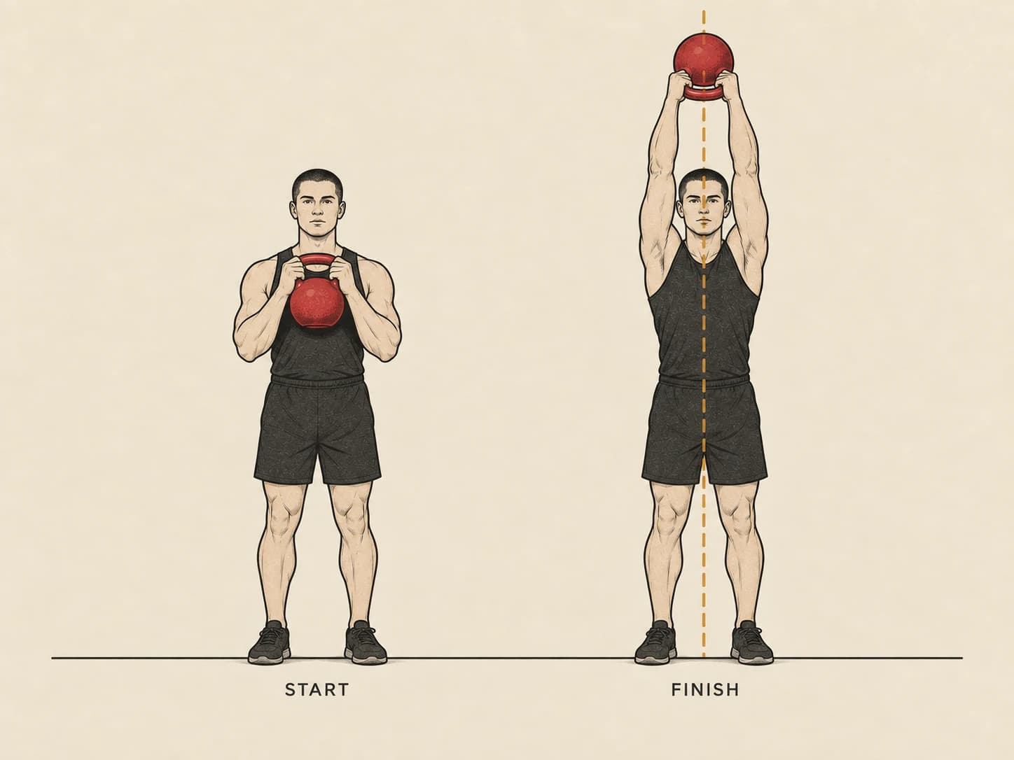 Two-handed strict press start and finish: bell held by the horns at the chest, then pressed overhead with both hands, no leg drive.